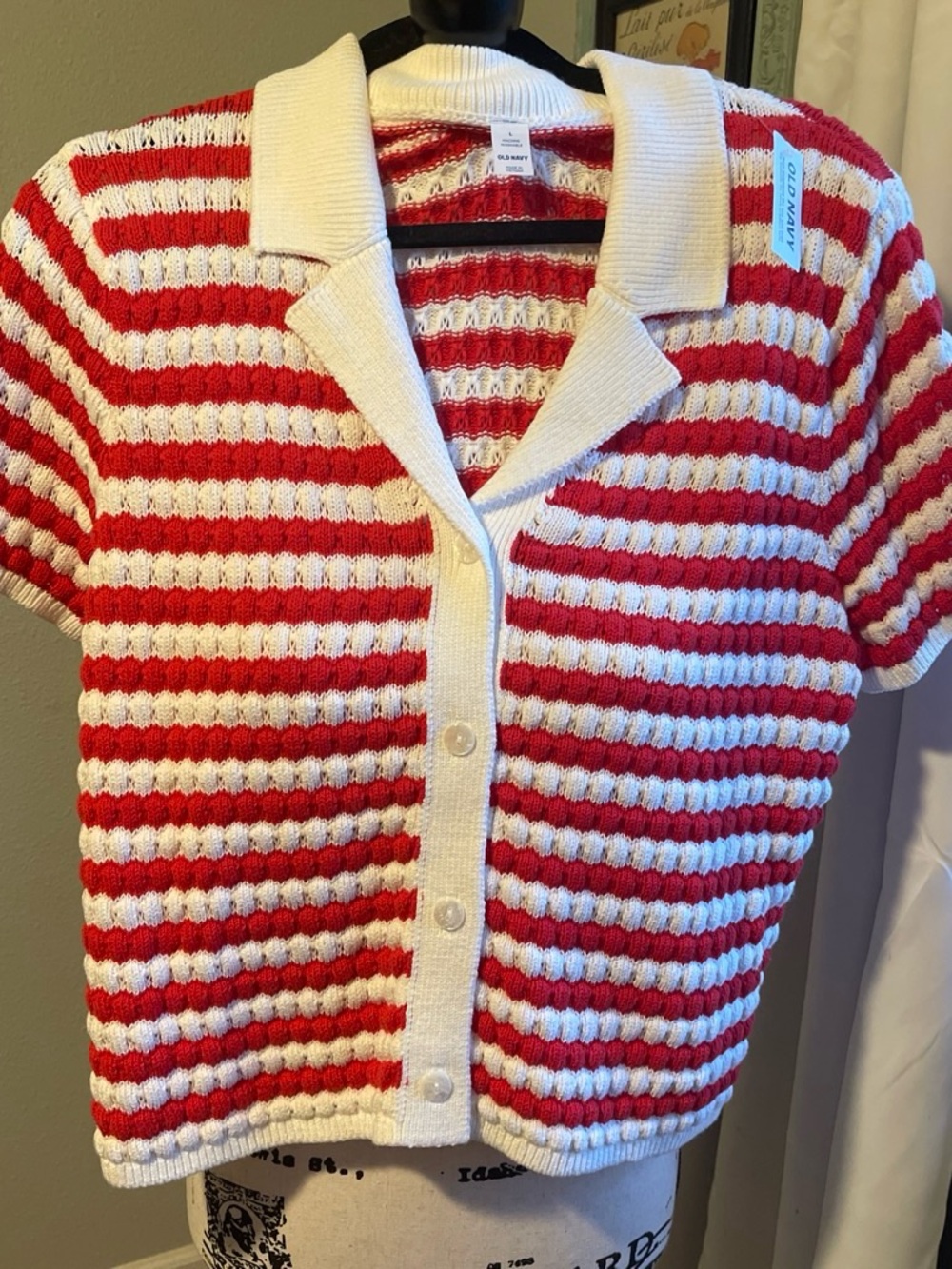 Old Navy Red and White Striped Short-Sleeve Button Cardigan